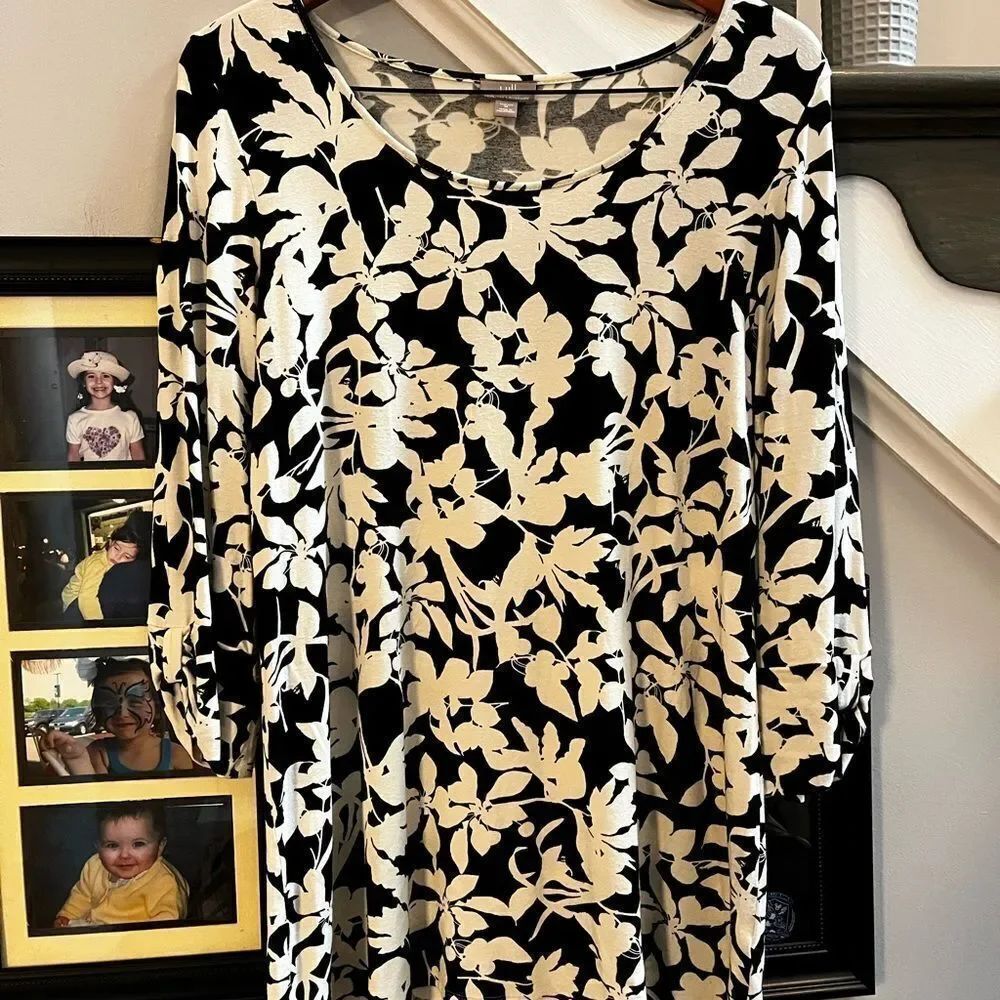J. Jill Wearever Collection Black & White 3/4 Sleeve Stretch Tunic Top sz M